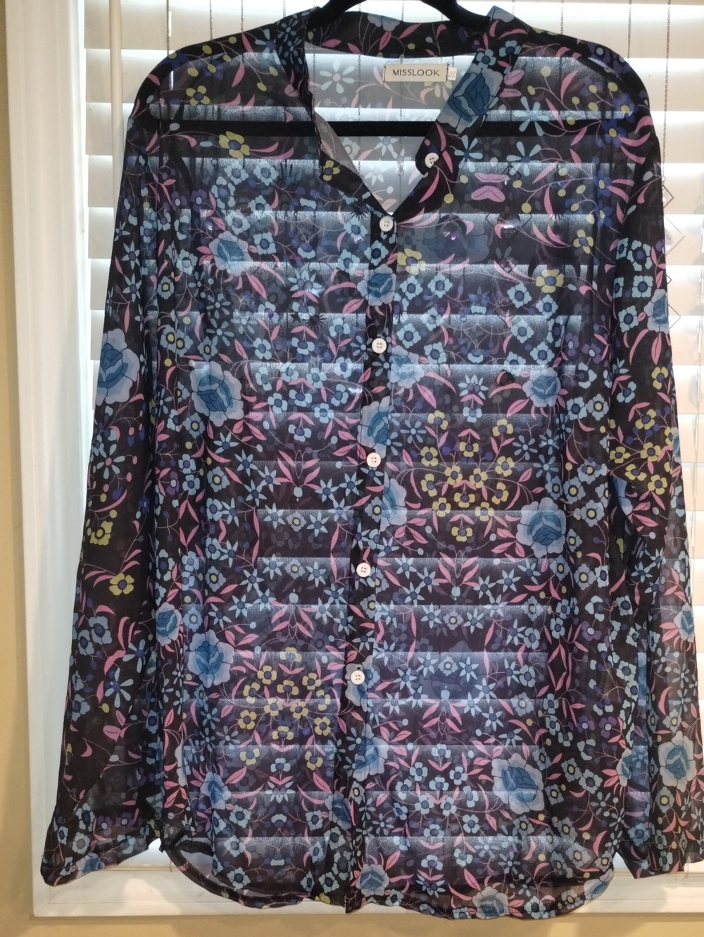 MISSLOOK Sheer Floral Button-Up Blouse in Navy, Blue & Pink